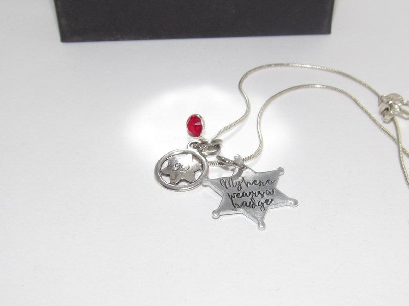 My Hero wears a badge, Deputy wife necklace, gift for law enforcement wife, wife of a deputy gift, blue line support jewelry