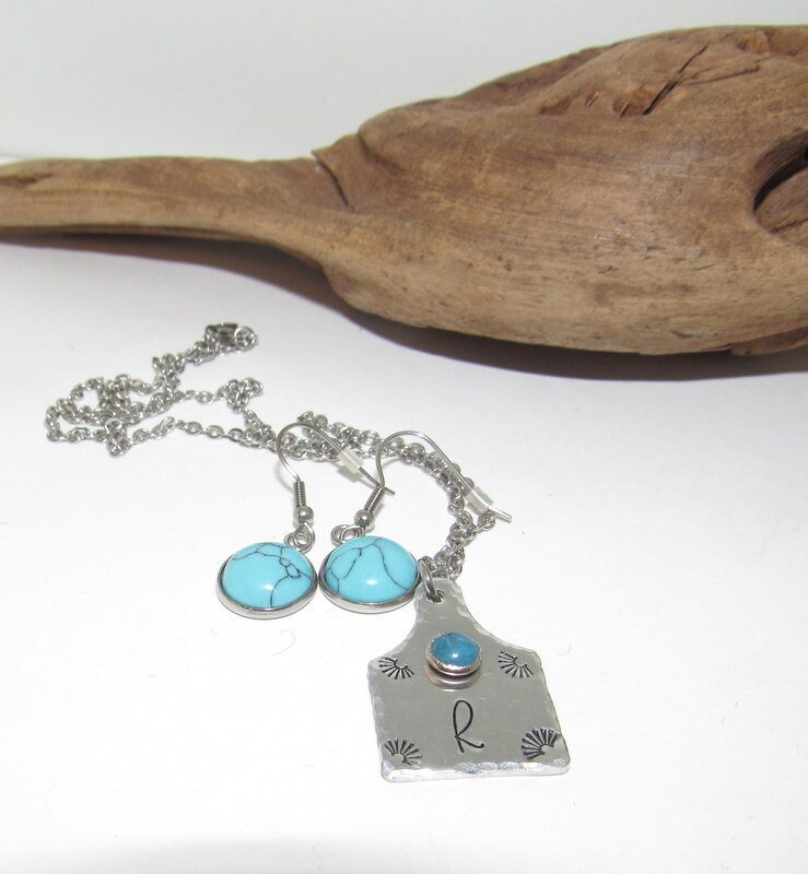 Initial necklace and earring set , personalized necklace pendant, Boho western theme necklace, western jewelry for her, pendant necklace, view 2