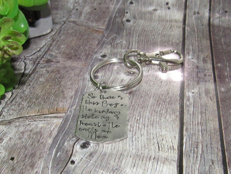 Pewter So there's this boy that stole my heart they call me mom, Key ring with kids names, custom personalized hand stamped jewelry, view 2