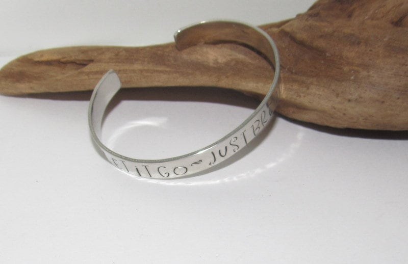Let go just breath affirmation cuff bracelet, pewter jewelry, best friend gift, personalized bracelet for her, handstamped jewelry, view 2