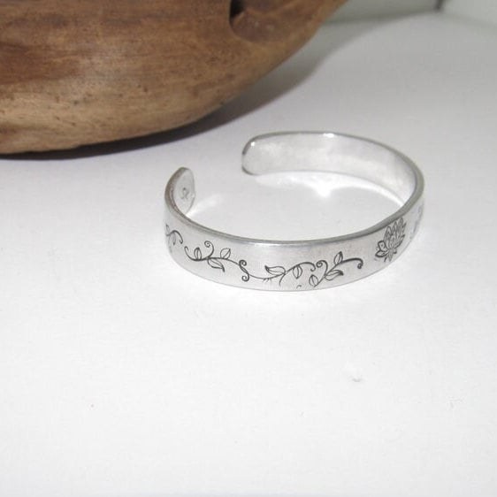 Sterling silver Lotus flower bracelet, Personalized plant Adjustable stamped cuff bracelet, pewter cuff, stamped jewelry,, view 2