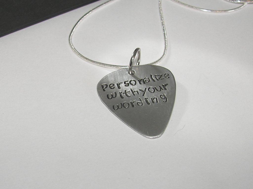 personalized guitar pick necklace , custom hand stamped jewelry , musician gift , pick your wording necklace, handstamped jewelry, view 5