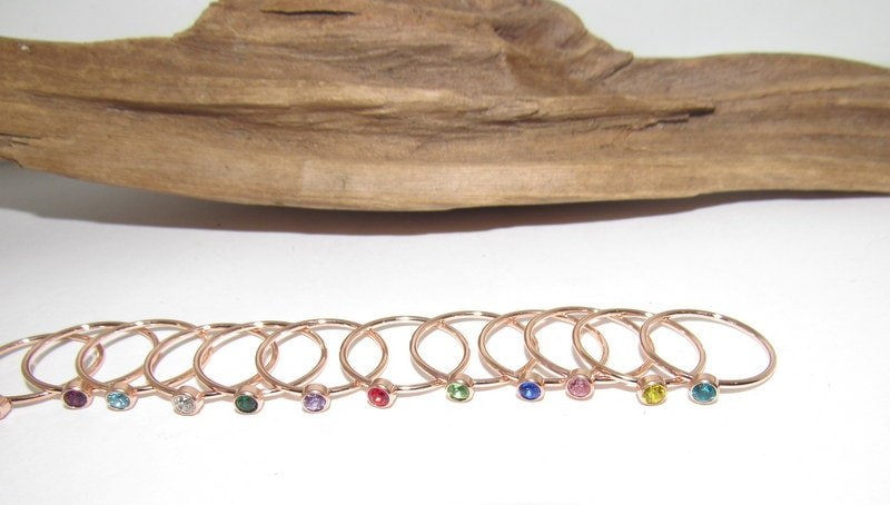 Rose gold Kids birth stone ring, skinny stacking rings , personalized birth month ring, birthstone stacking ring, view 4