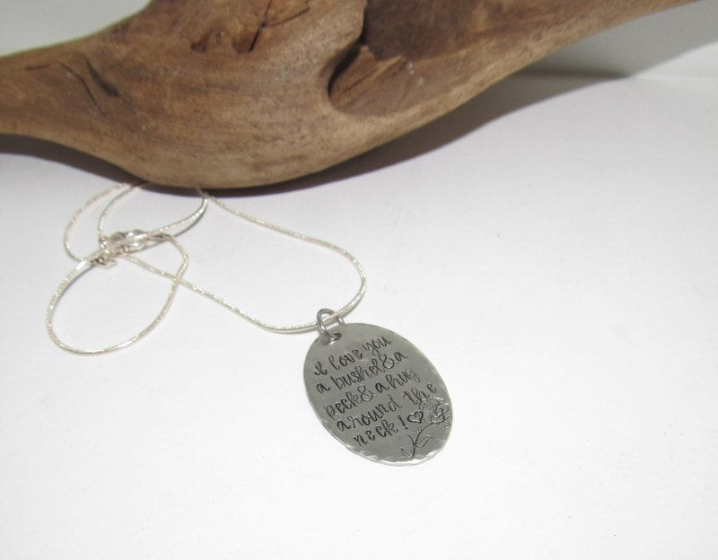 Pewter I love you a bushel and a peck & a hug around the neck necklace, personalized jewelry for mom, Mothers custom hand stamped jewelry, view 7