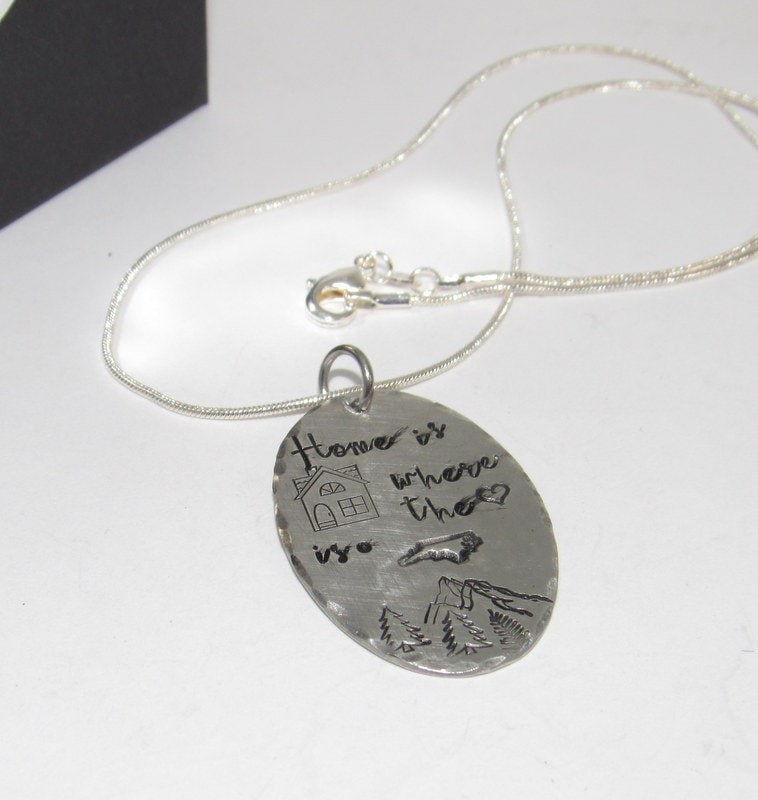 Pewter Home is where the heart is necklace, personalized jewelry for mom , Mothers custom hand stamped jewelry, handstamped jewelry