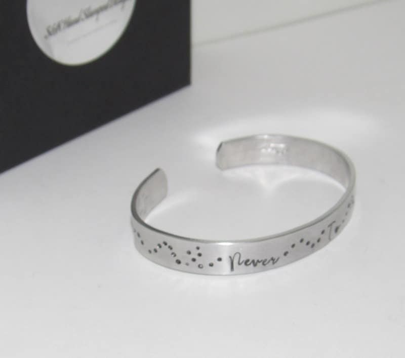 Never to far for friends personalized cuff bracelet ,bff long distance friendship cuff, custom hand stamped jewelry, handstamped jewelry, view 3