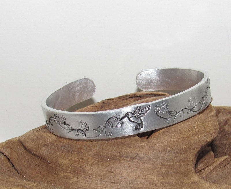 Sterling silver humming bird bracelet, stamped jewelry, personalized jewelry, brides maids gifts, nature flower jewelry, view 3