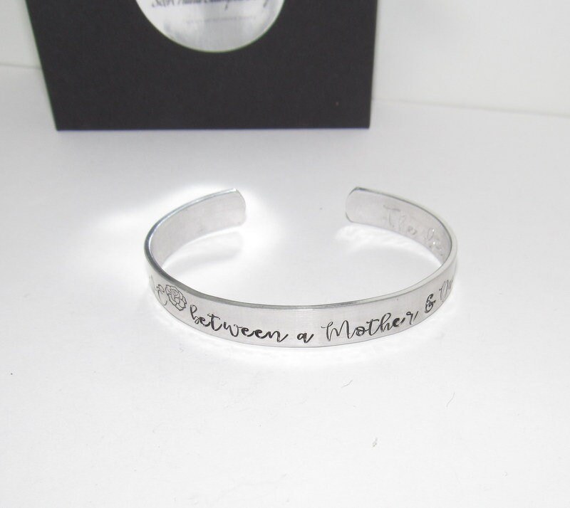 The love between a mother and a daughter is forever Pewter cuff, hand stamped cuff bracelet personalized jewelry, handstamped jewelry