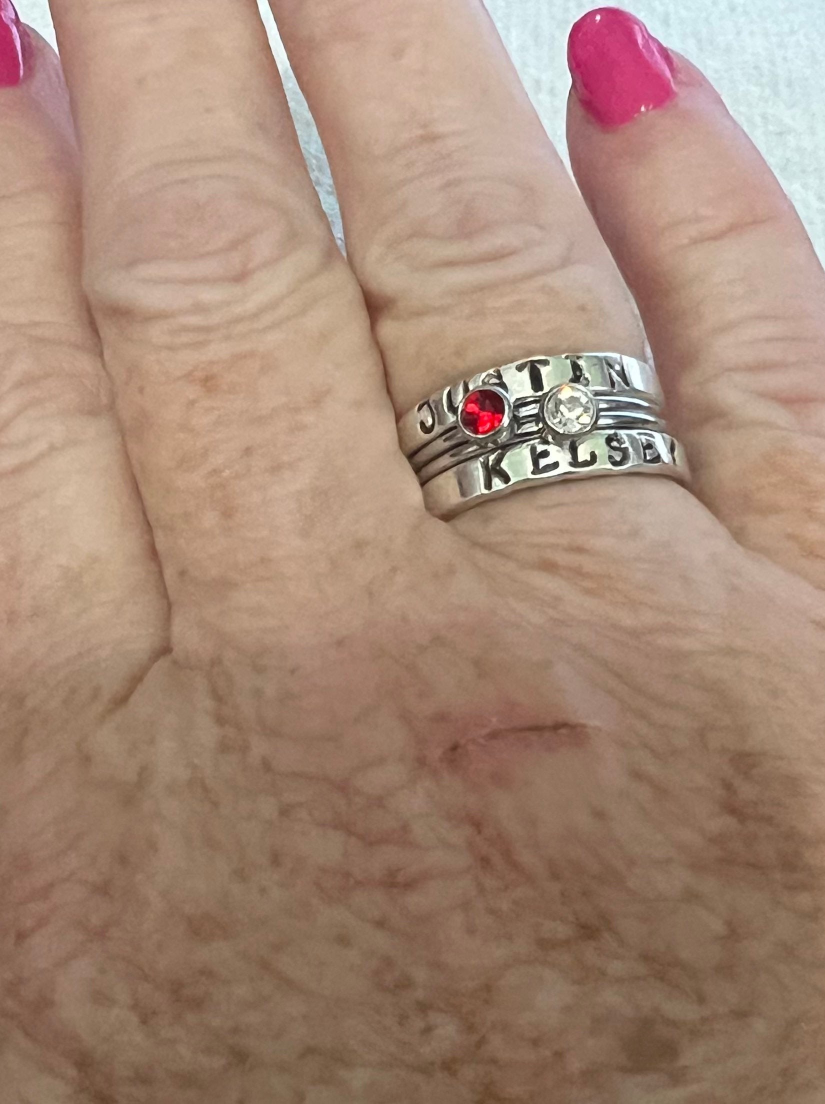 Gold skinny stacking name ring, custom personalized kids name jewelry, hand stamped jewelry for mom, Anniversary gift for mom, view 10