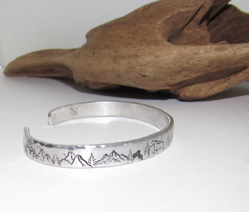 Skinny stacking Mountain cuff, tree cuff bracelet, mountain lover gift, adjustable silver cuff, stamped jewelry, stamped cuff bracelet, view 5