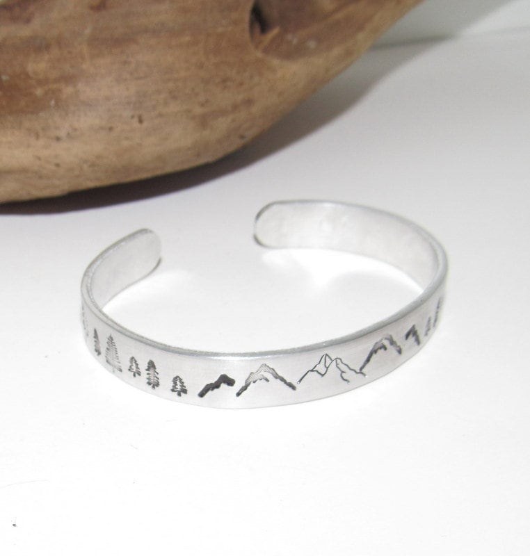 Mountain cuff, tree cuff bracelet, mountain lover gift, adjustable silver cuff, stamped jewelry, stamped cuff bracelet, view 2