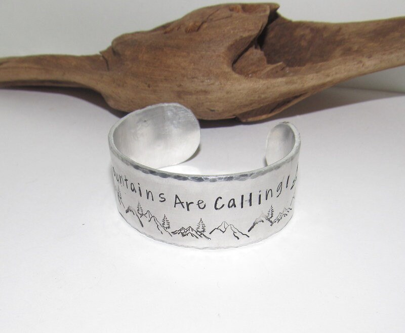 The mountains are calling cuff, Mountain theme Wide silver bracelet, adjustable personalized cuff, stamped silver cuff bracelet,, view 2