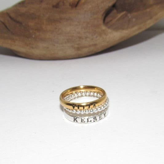 Gold skinny stacking name ring, custom personalized kids name jewelry, hand stamped jewelry for mom, Anniversary gift for mom