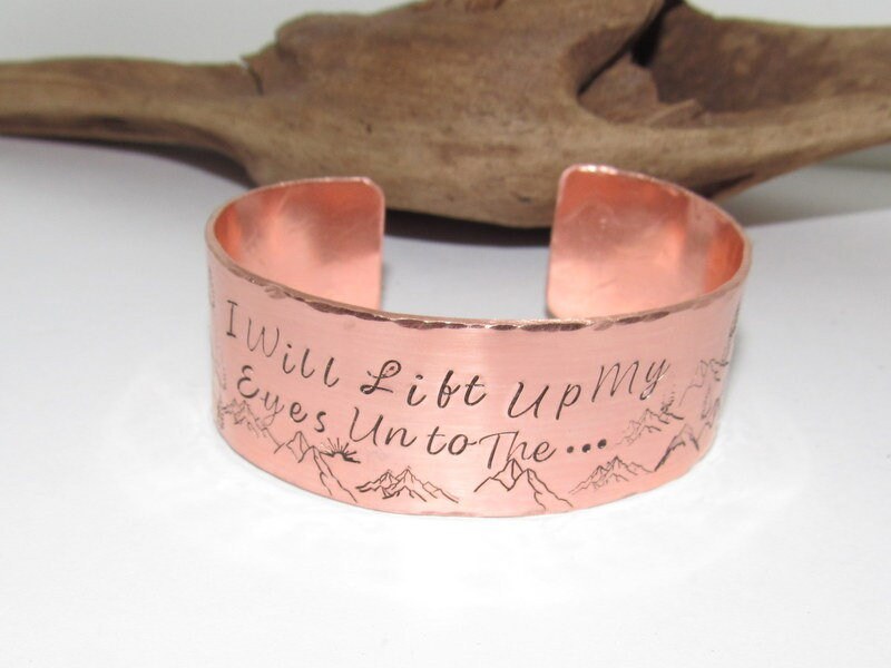 I will lift up my eyes, Wide copper Mountain bracelet with trees, adjustable copper cuff, stamped copper cuff bracelet,, view 2