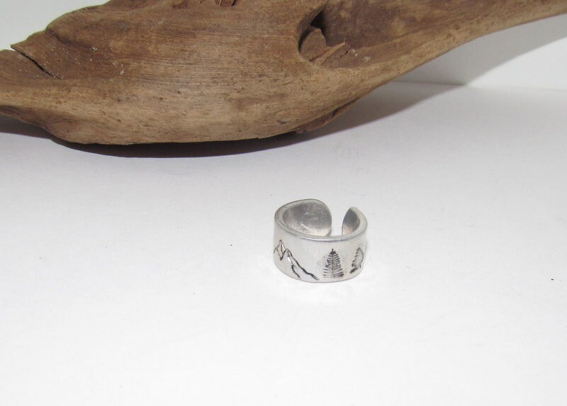 Mountain view Personalized Adjustable stamped ring, inspiration rings, adjustable silver ring, stamped jewelry, boho mountain ring, view 4