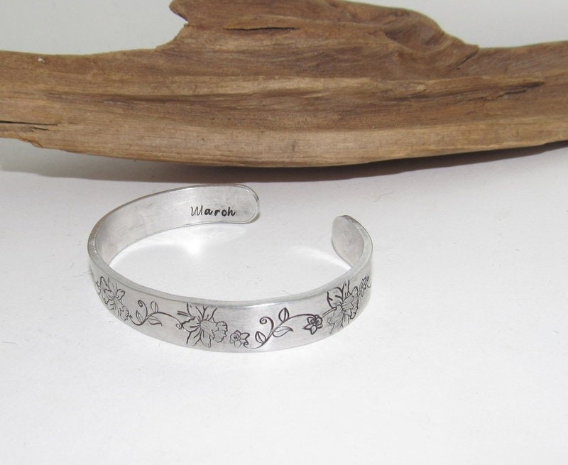 Sterling silver March Birth flower bracelet, stamped jewelry, personalized jewelry, brides maids gifts, nature flower jewelry, view 3