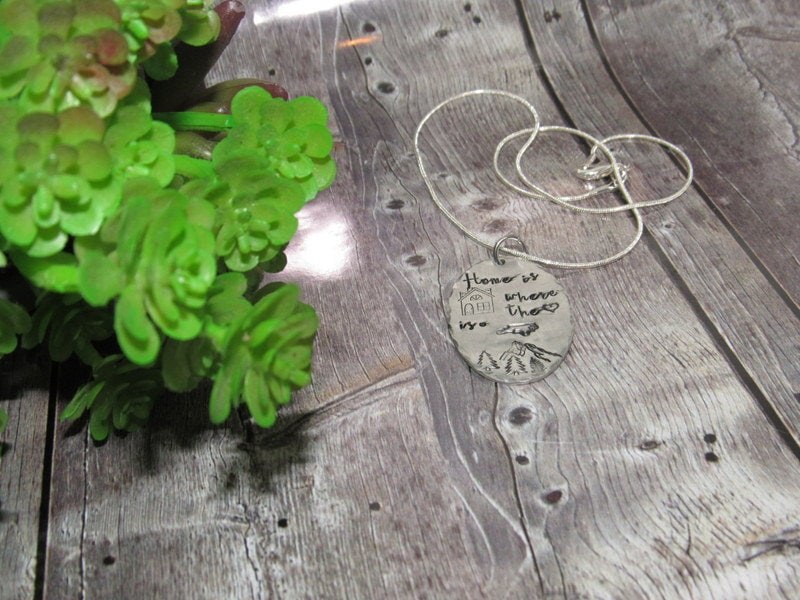 Pewter Home is where the heart is necklace, personalized jewelry for mom , Mothers custom hand stamped jewelry, handstamped jewelry, view 3
