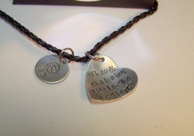 Though she be little she is fierce, custom stamped personalized pewter heart necklace, hand stamped jewelry , gifts for her, team gifts