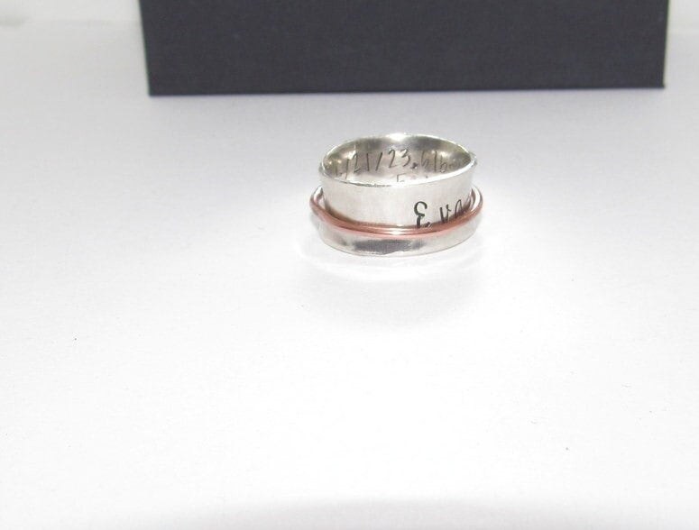 Sterling silver spinner ring, kids name and birthdate ring, personalized jewelry, hand stamped jewelry for mom, Anniversary gift for mom, view 5