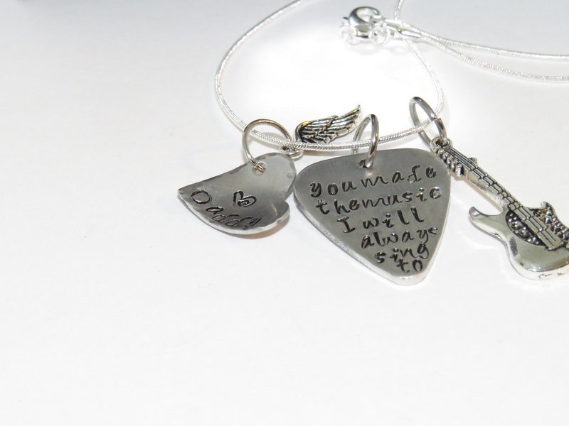 Pewter jewelry , The music I sing to memorial guitar pick necklace, personalized jewelry , custom hand stamped jewelry, handstamped jewelry, view 6