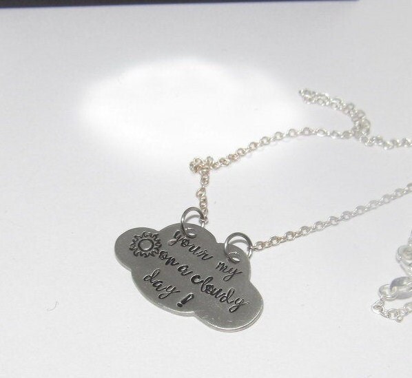 You are my sunshine on a cloudy day necklace, personalized pewter silver stamped jewelry, custom stamped jewelry, mother daughter necklace, view 2