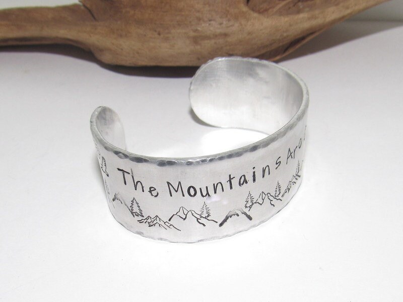 The mountains are calling cuff, Mountain theme Wide silver bracelet, adjustable personalized cuff, stamped silver cuff bracelet,, view 5