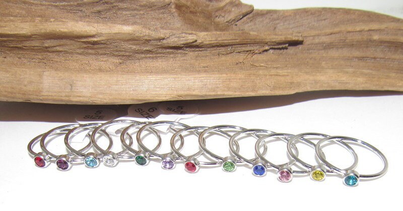 Kids birth stone ring, skinny stacking rings , personalized birth month ring, birthstone stacking ring, view 4
