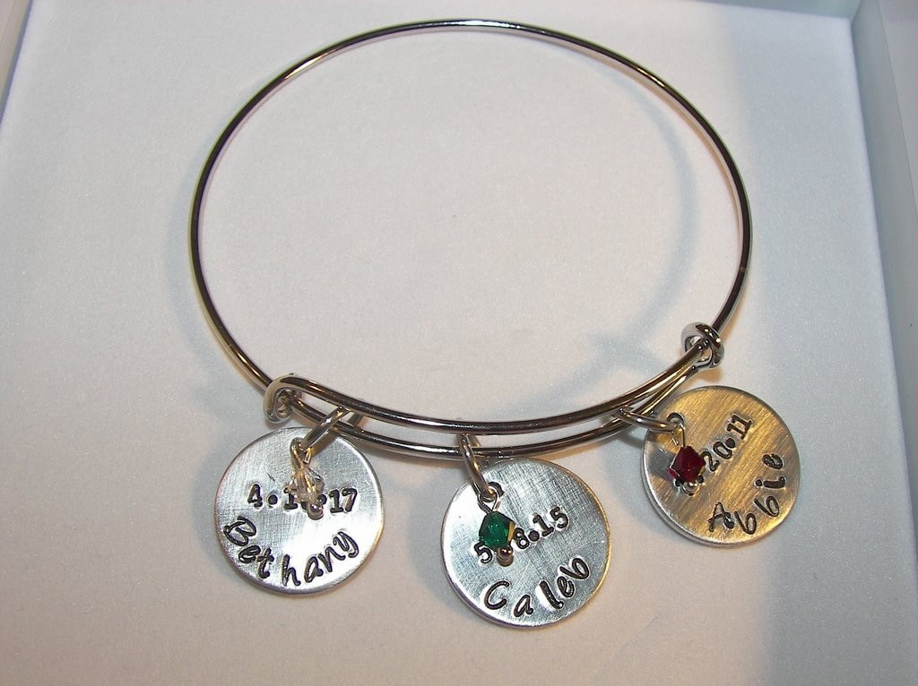 adjustable bangle charm bracelet with kids names and birthstones, personalized hand stamped jewelry bangle, custom handstamped jewelry, view 6