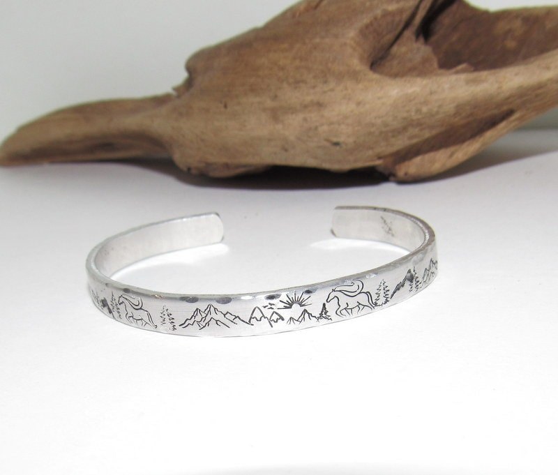 Skinny stacking Mountain cuff, tree cuff bracelet, mountain lover gift, adjustable silver cuff, stamped jewelry, stamped cuff bracelet, view 2