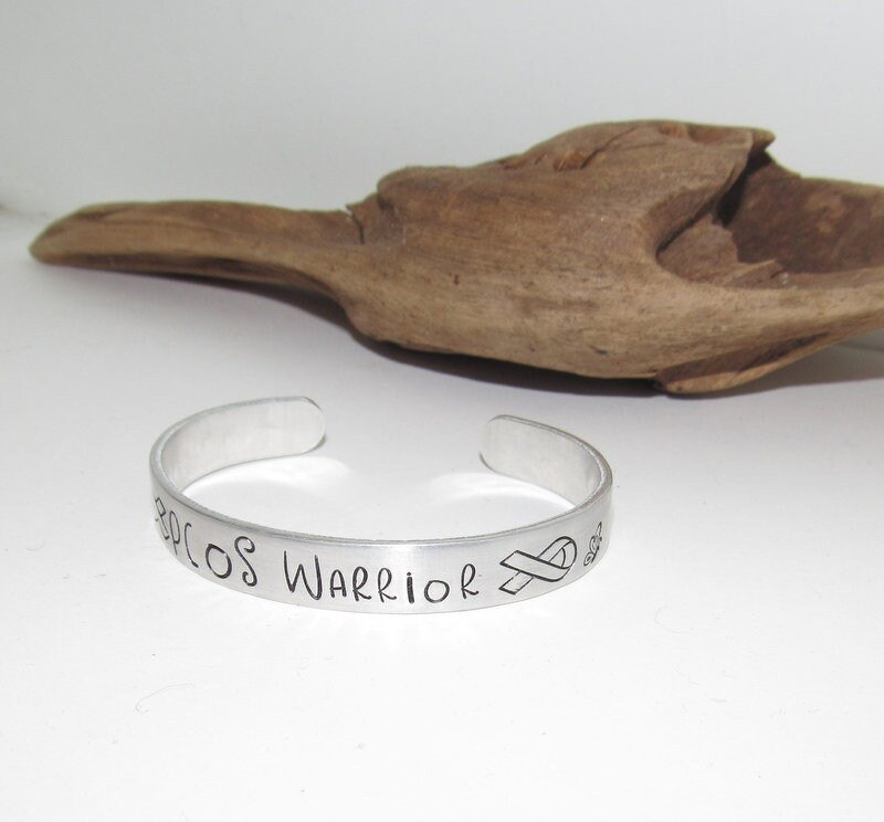 PCOS awareness warrior cuff bracelet, awareness jewelry, chronic illness awareness gift, personalized bracelet for her, hand stamped jewelry, view 3