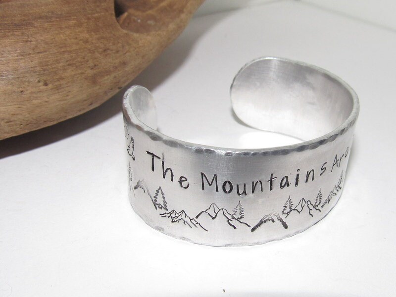 The mountains are calling cuff, Mountain theme Wide silver bracelet, adjustable personalized cuff, stamped silver cuff bracelet,, view 3