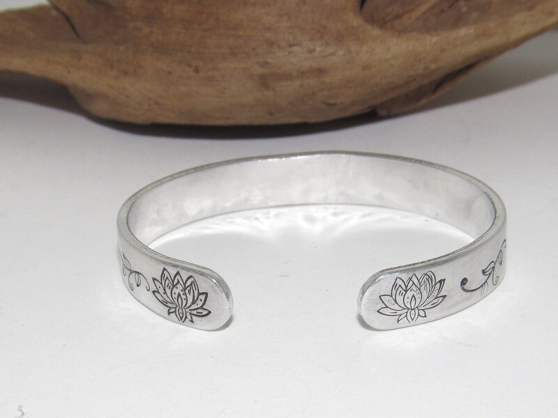 Sterling silver Lotus flower bracelet, Personalized plant Adjustable stamped cuff bracelet, pewter cuff, stamped jewelry,, view 4