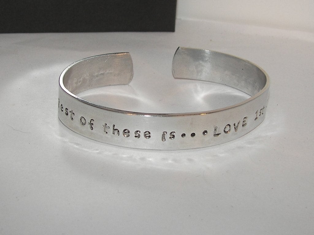 And the greatest of these is love cuff, hand stamped cuff bracelet, inspirational personalized jewelry, corth 13 :13, handstamped jewelry, view 2