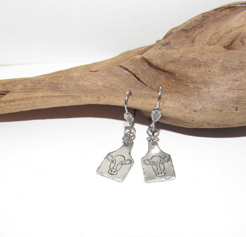 cow earrings, dangle drop earrings, farm animal jewelry , farm life jewelry , personalized earrings , stamped jewelry, bff cow lover gift, view 8