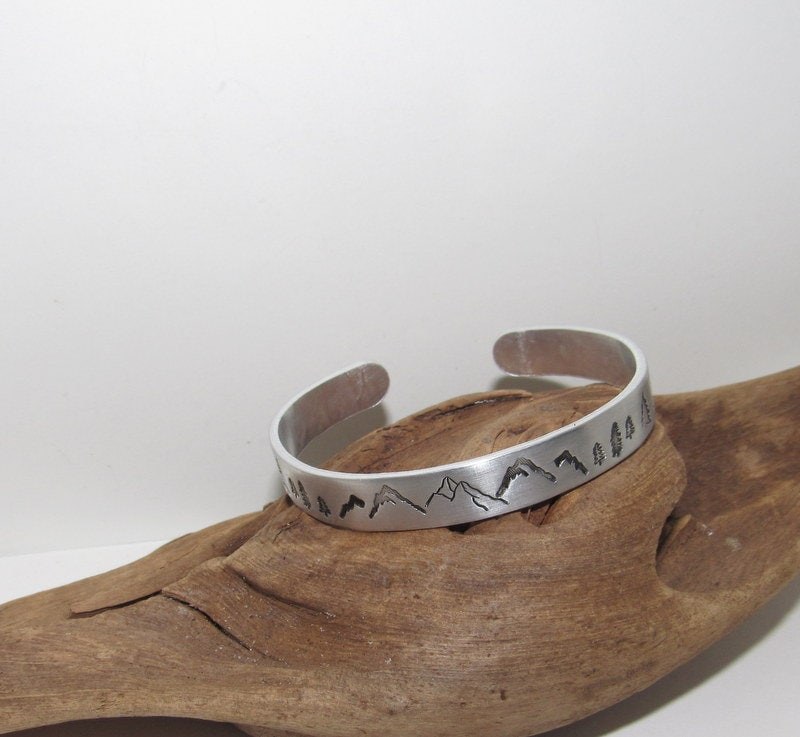 Mountain cuff, tree cuff bracelet, mountain lover gift, adjustable silver cuff, stamped jewelry, stamped cuff bracelet, view 5