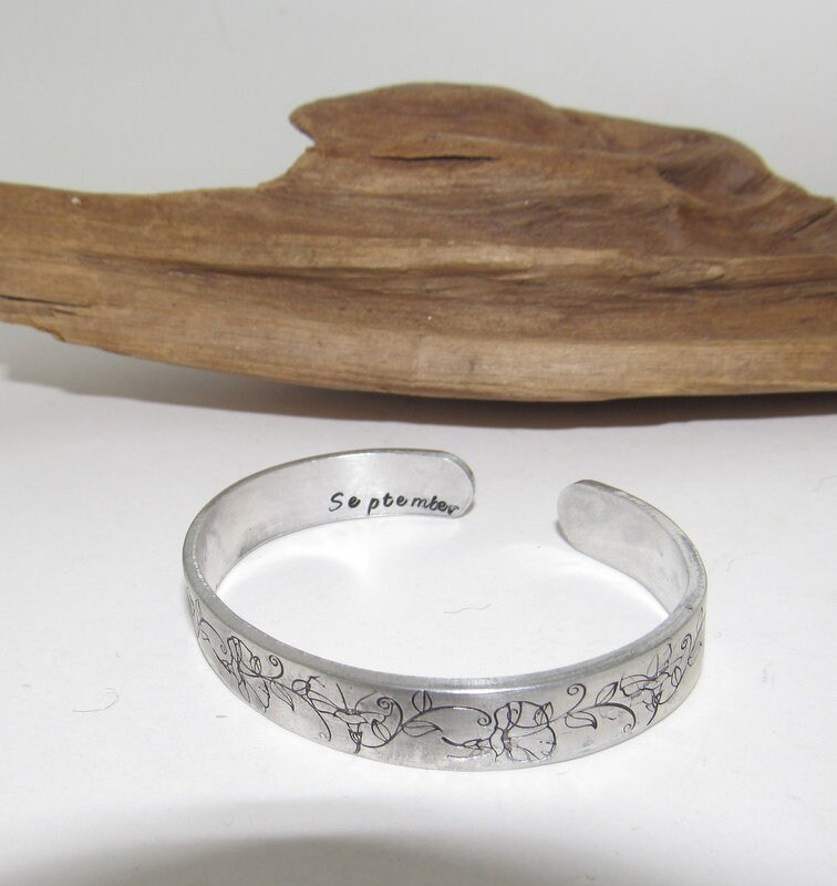 Sterling silver September Birth flower bracelet, stamped jewelry, personalized jewelry, brides maids gifts, nature flower jewelry, view 3