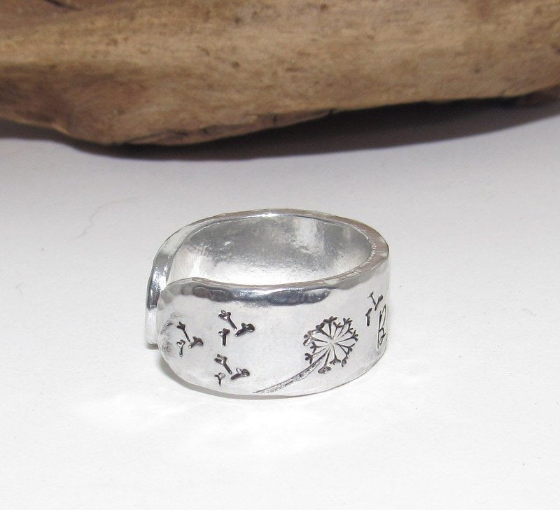 Dandelion breath Personalized Adjustable stamped ring, inspiration rings, adjustable silver ring, stamped jewelry, boho ring, view 3