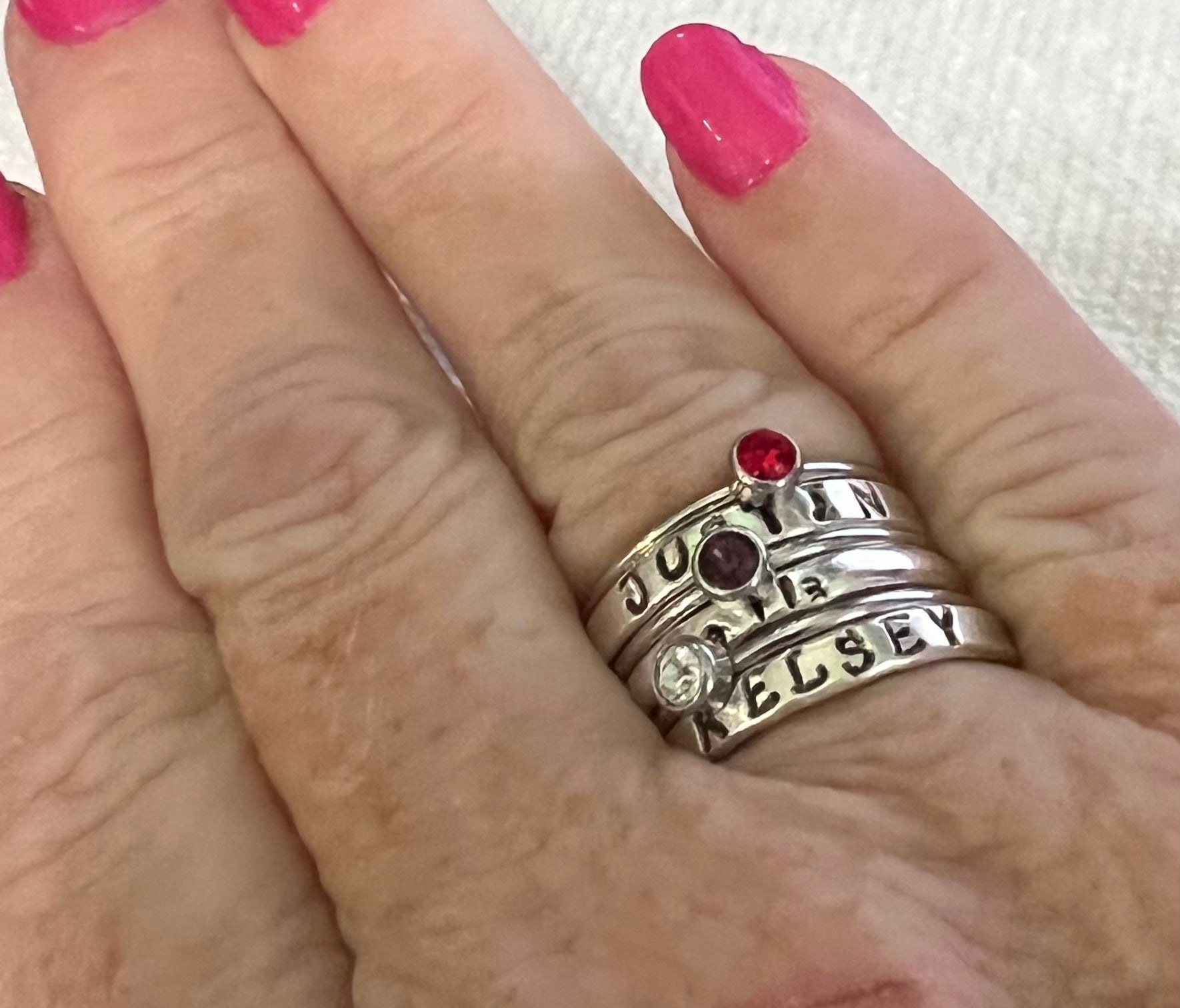 kids name stacking rings, silver stacking rings , Mother's stacking name rings, hand stamped personalized jewelry, handstamped jewelry, view 4
