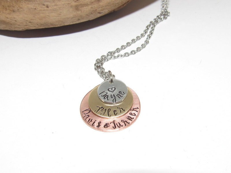 3 layer mothers necklace with kids names, custom hand stamped jewelry , personalized jewelry necklace for her, handstamped jewelry