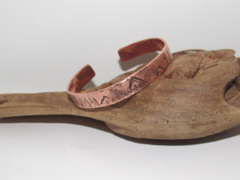 Mountain bracelet with trees, adjustable copper cuff, stamped jewelry, stamped copper bracelet,, view 6
