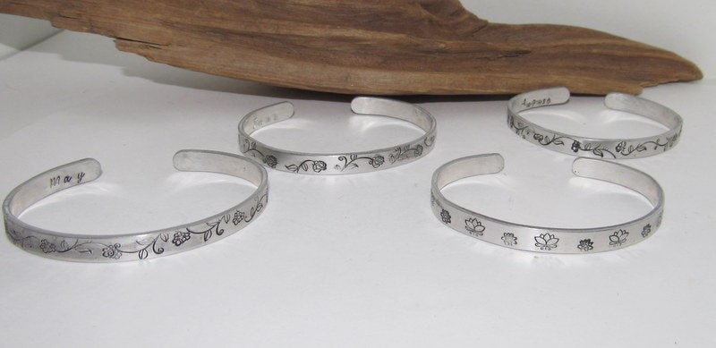 Skinny stacking Birth flower bracelet gift for mom, Mothers stamped personalized jewelry, brides maids gifts, nature flower jewelry, view 3