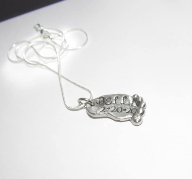 Baby foot necklace, Personalized pewter necklace, gift for new mom, name necklace, mothers necklace, custom hand stamped jewelry, view 6