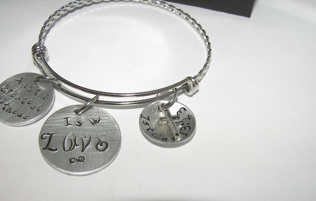 And the greatest of these is love, adjustable bangel hand stamped jewelry inspirational personalized jewelry, corth 13 :13, view 6