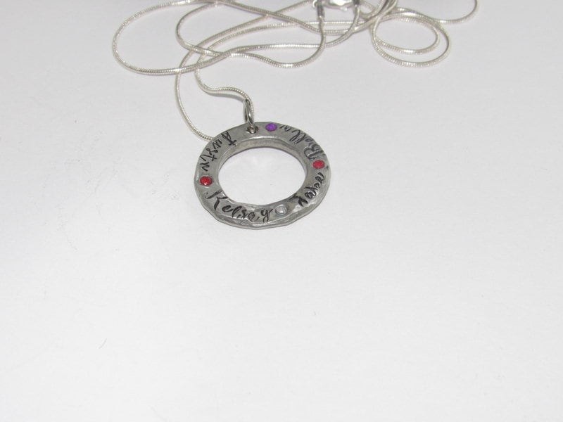 Personalized mom necklace with birthstone, Pewter family charm necklace, mothers jewelry, custom hand stamped jewelry gift for grandma, view 7
