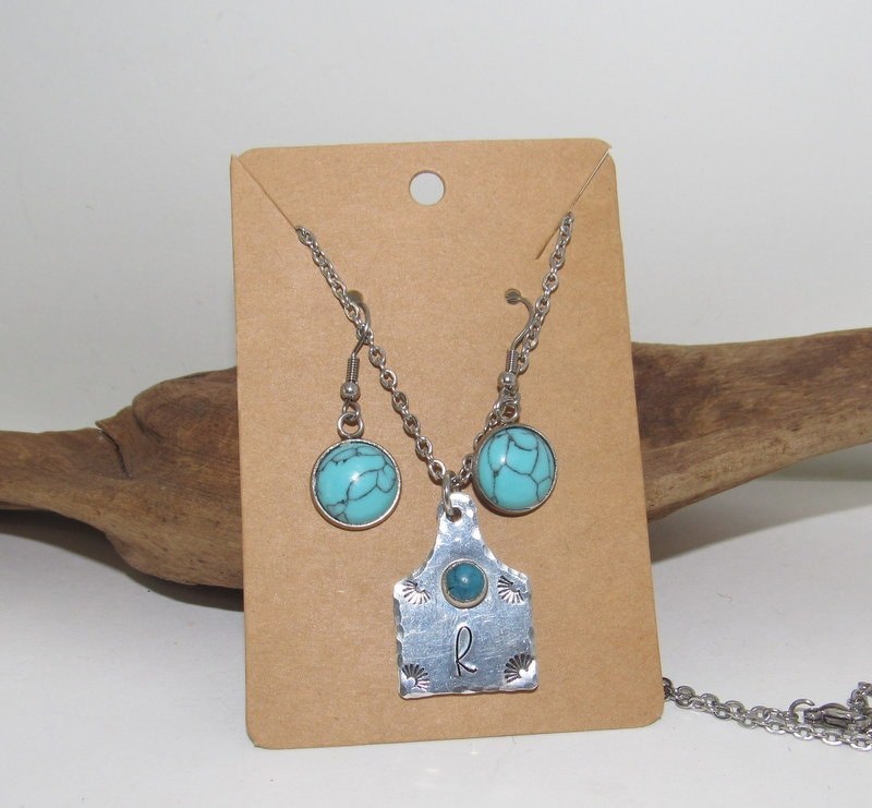 Initial necklace and earring set , personalized necklace pendant, Boho western theme necklace, western jewelry for her, pendant necklace, view 6