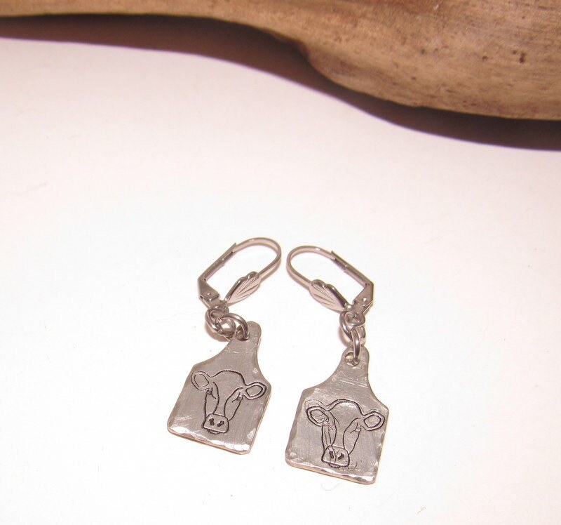 cow earrings, dangle drop earrings, farm animal jewelry , farm life jewelry , personalized earrings , stamped jewelry, bff cow lover gift, view 6