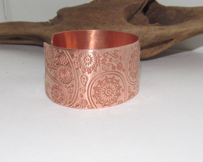 Copper Paisley Floral Print Embossed Cuff, boho paisley jewelry, personalized cuff bracelet, Bff gift, western jewelry cuff,, view 3