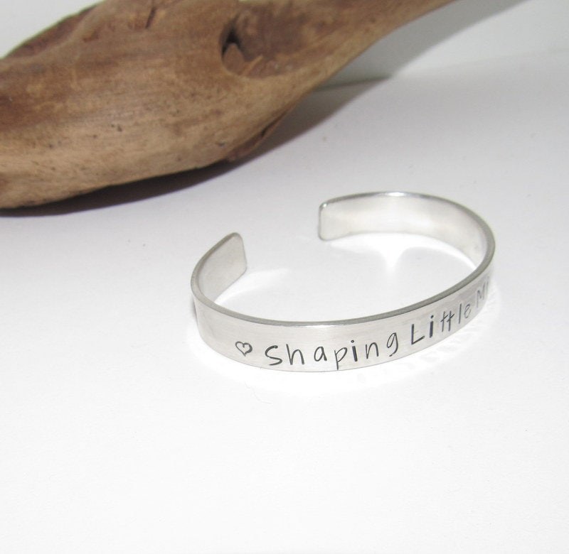 Shaping little minds cuff bracelet, teacher gift from child, personalized gift for teachers , hand stamped educators gifts, view 2