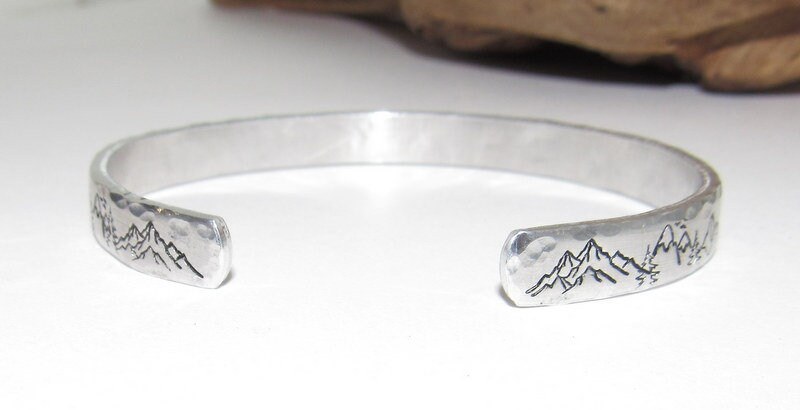 Skinny stacking Mountain cuff, tree cuff bracelet, mountain lover gift, adjustable silver cuff, stamped jewelry, stamped cuff bracelet, view 4