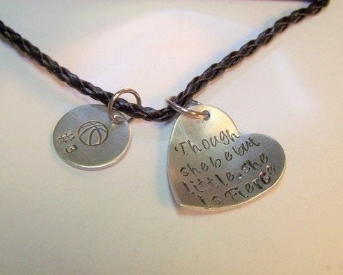 Though she be little she is fierce, custom stamped personalized pewter heart necklace, hand stamped jewelry , gifts for her, team gifts, view 4